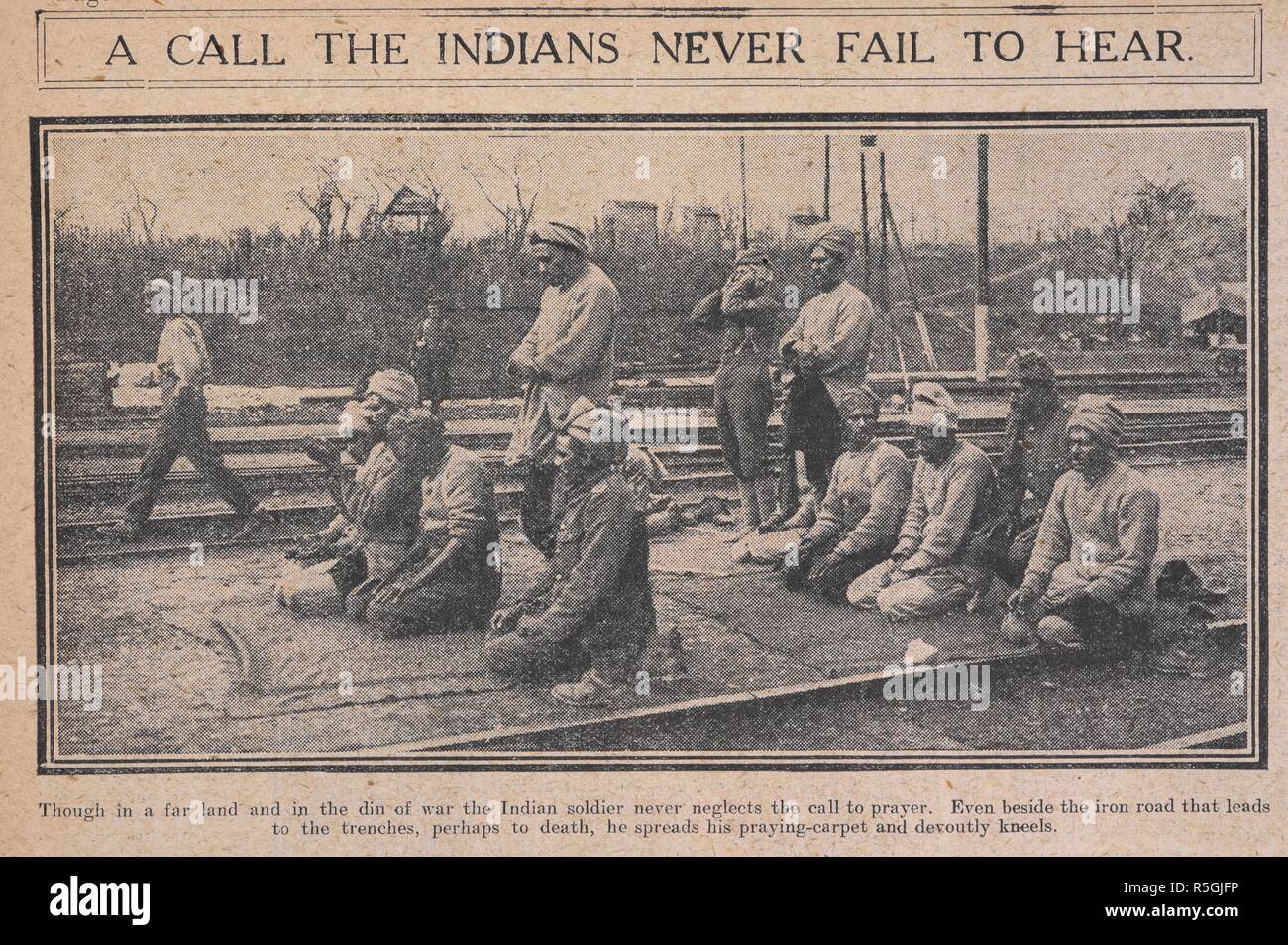 'A call the Indians never fail to hear'. Indian soldiers praying, during the First World War. Daily Sketch. London, 1915. Source: Daily Sketch, 22 September 1915, page 6. Stock Photo