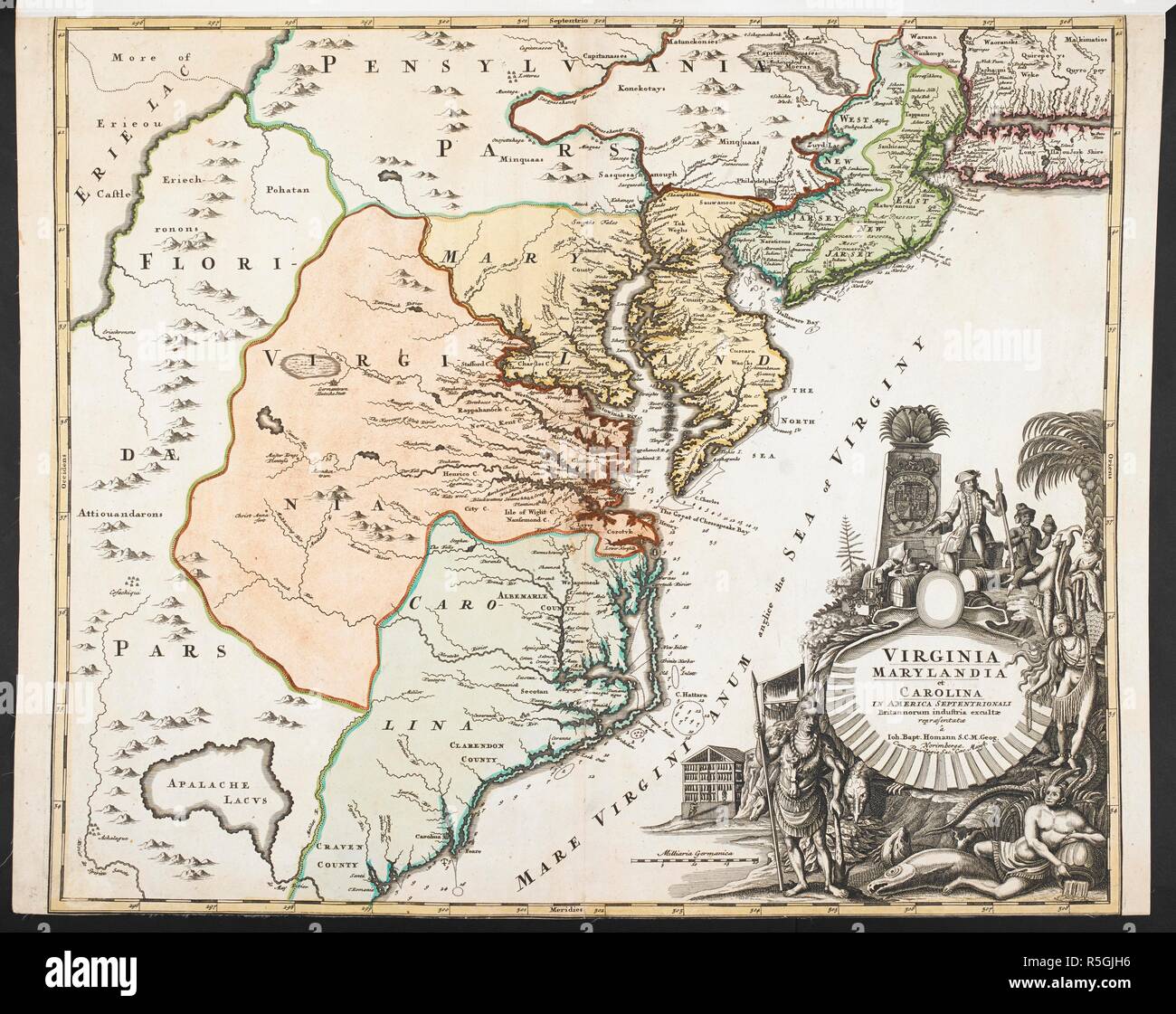 An 18th century map of Virginia, Maryland and Carolina, in America. Virginia, Marylandia et Carolina in America Septentrionali ... a J.B. Homann. Norimbergae, [1720?]. Source: Maps K.Top120.14. Author: HOMANN, JOHANN BAPTIST. Stock Photo