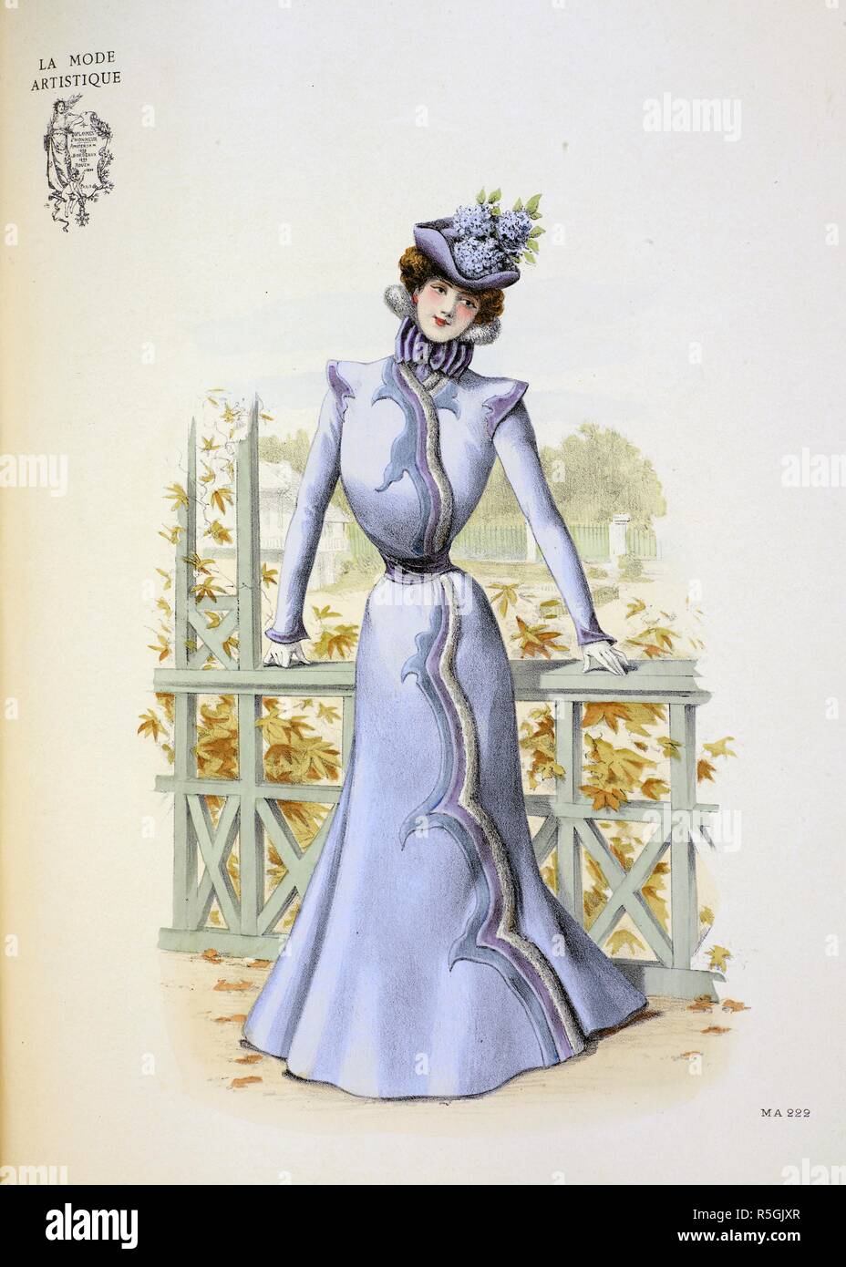 A princesse walking-dress in grey-blue cloth is the next model : created by Callot. It is trimmed from neck to hem with bands of chinchilla mauve velvet, and blue velvet the exact colour of the cloth. The lines are irregularly waved, like the tortuous petals of an orchid. Mauve velvet drapes the waist and forms the cravate. The tricorne of mauve felt is garnisned with a great cluster of hortensias'. The Powder Puff [An English edition of 'La Mode artistique'.; 1898]. (London, England : 1898). Source: The Powder Puff Winter plate 222. Stock Photo