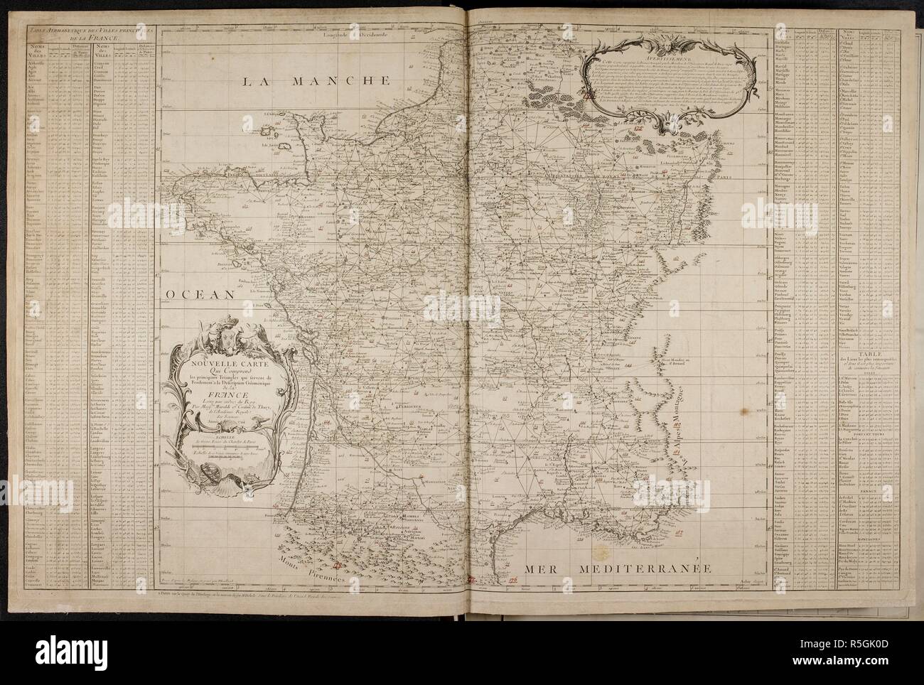 France. Carte de France. Paris, 1744-1760. Map of France. LevÃ©e par Ordre du Roy par Messrs. Miraldi & Cassini de Thury, de l'AcadÃ©mie Royale des Sciences. [GravÃ©e par C. Aldring, J.A. Aveline, R. Brunet, N. Chalmandrier, B. Desfontaines, J.L. Dupain Triel, fils, Durand, Le Roy, le jeune, and J. SÃ©guin.]  Image taken from Carte de France.  Originally published/produced in Paris, 1744-1760. . Source: Maps.1.Tab.29, Index 2. Stock Photo
