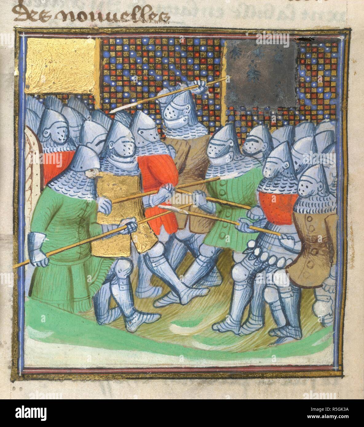 Medieval soldiers fighting. "Les Croniques DangLeterre" (Chroniques d'Angleterre). 15th century. Source: Arundel 67 (part 1), f.341v. Language: French. Author: FROISSART, JEAN. Stock Photo