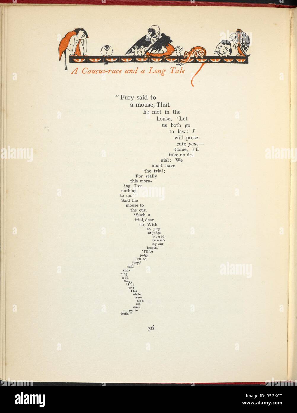 Stylized text layout from 'A Caucus Race and a Long Tail', with illustrations of various animals. Alice's adventures in wonderland / by Lewis Carroll ; illustrated by Gwynedd M. Hudson. [London?] : Hodder and Stoughton, [1922?]. Source: YA.1997.b.4119 page 36. Stock Photo