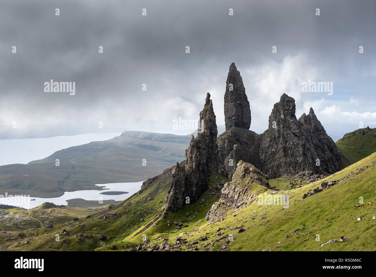 Old Man of Storr with cloudy sky, Isle of Skye, Scotland, Great Britain Stock Photo