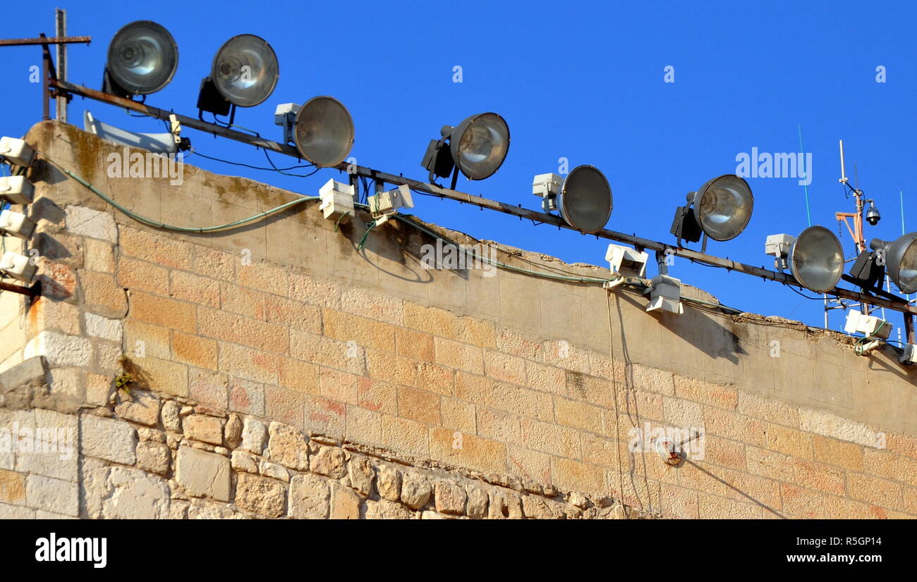 row with light emitters on the temple mount of jerusalem Stock Photo