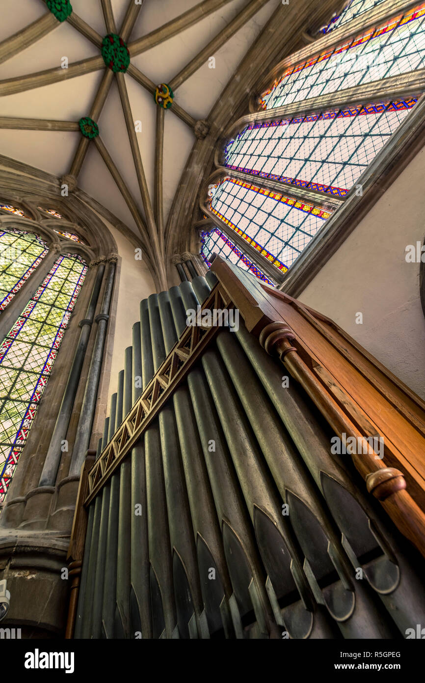 Church Organ Pipes in the chapel at Bishop's Palace in Wells, Somerset, England. Stock Photo