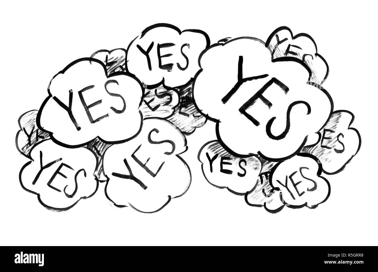 Black Ink Grunge Hand Drawing of Speech Bubbles With Word Yes Stock Photo