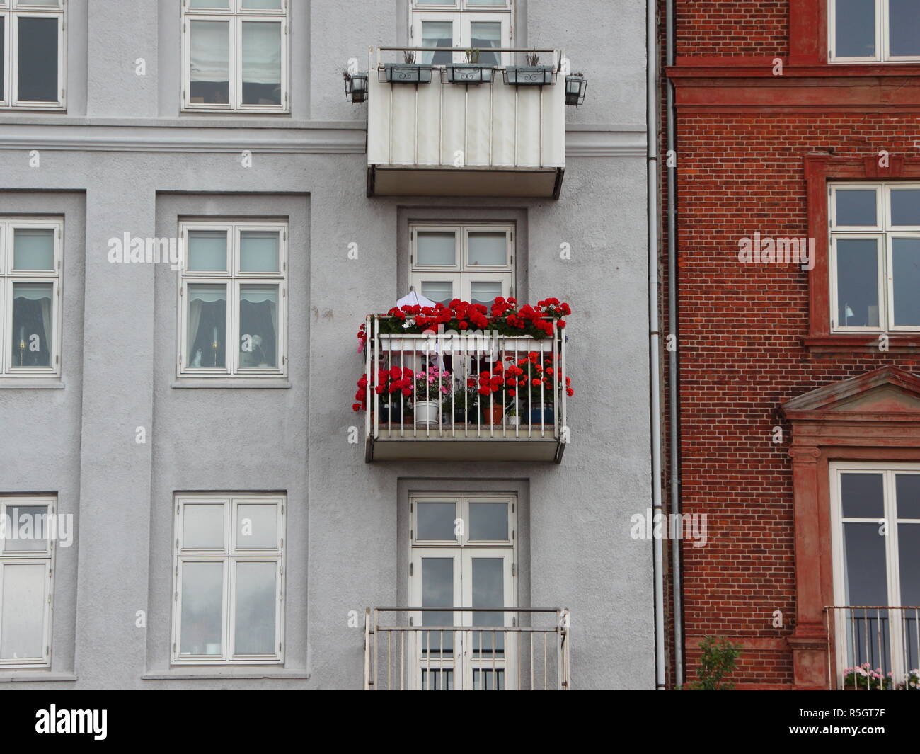 Red Flowers in Window Box at Balcony on Facade Stock Photo Alamy