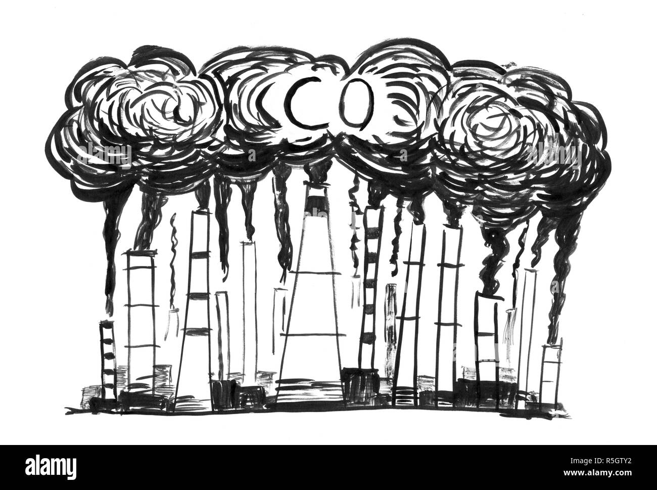 Black Ink Grunge Hand Drawing of Smoking Smokestacks, Concept of Industry or Factory CO Air Pollution Stock Photo