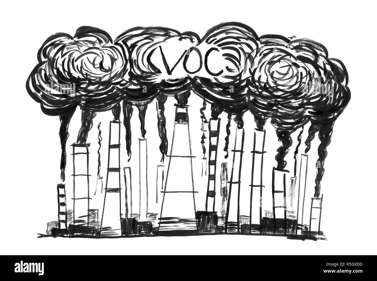 Black Ink Grunge Hand Drawing of Smoking Smokestacks, Concept of Industry or Factory Volatile Organic Compounds Air Pollution Stock Photo