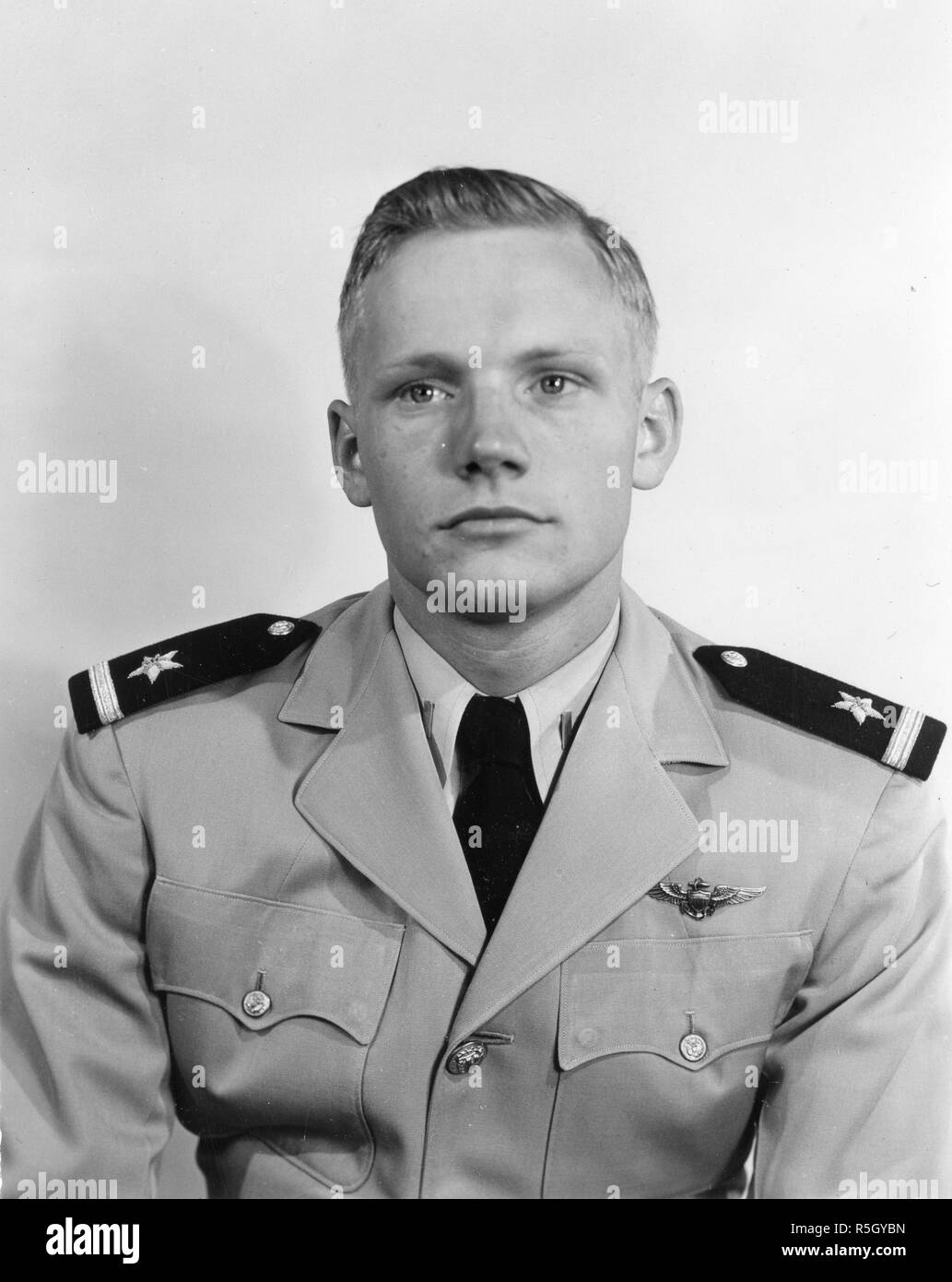 Official Navy photograph of Ensign Neil A. Armstrong, future NASA astronaut and first man to set foot on the moon during the Apollo 11 mission, during his Navy service during the Korean War, May 23, 1952. Stock Photo