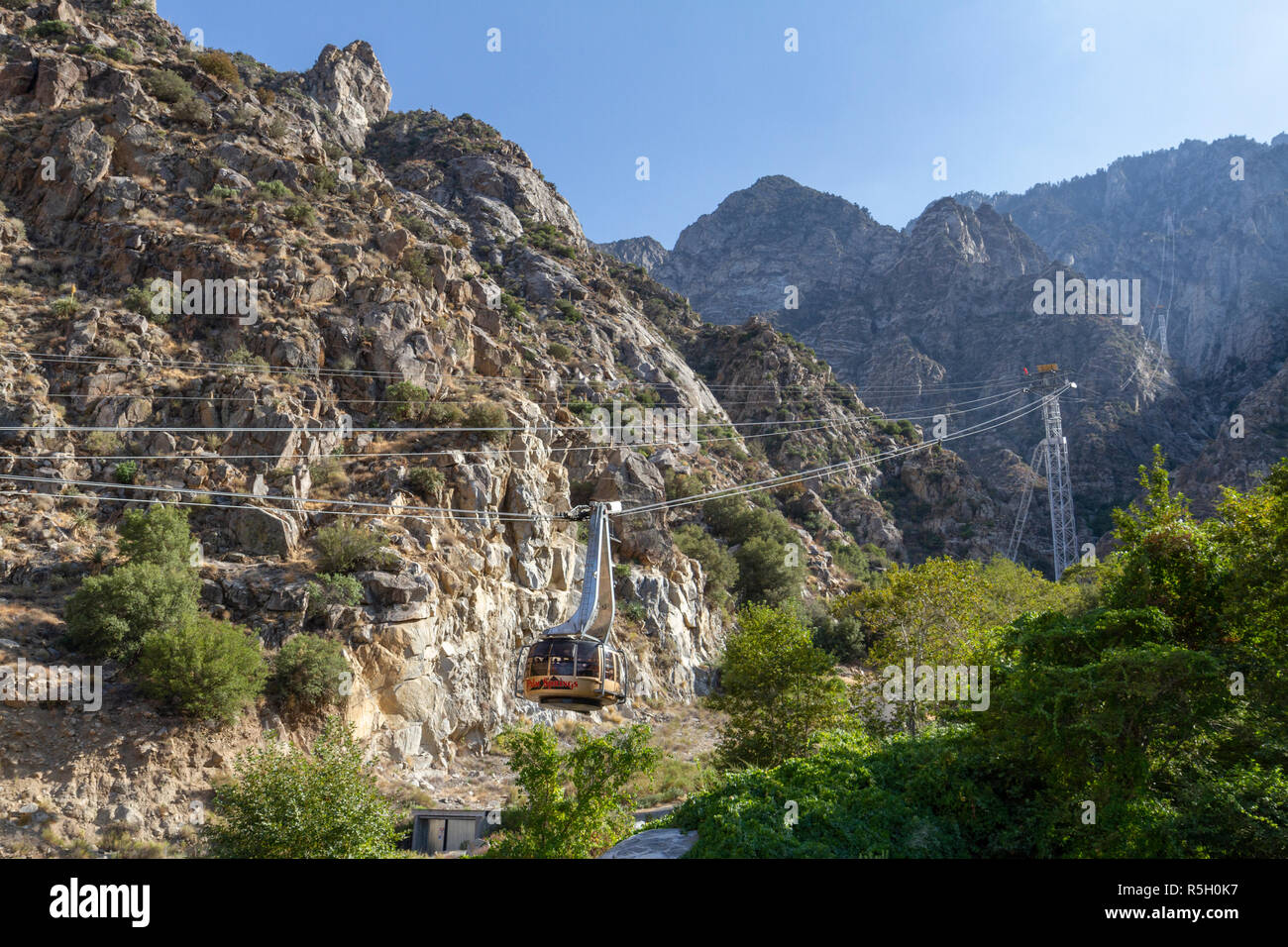 Palm Springs Aerial Tramway tramcar arriving at the lower station, Palm Springs, California, United States. Stock Photo