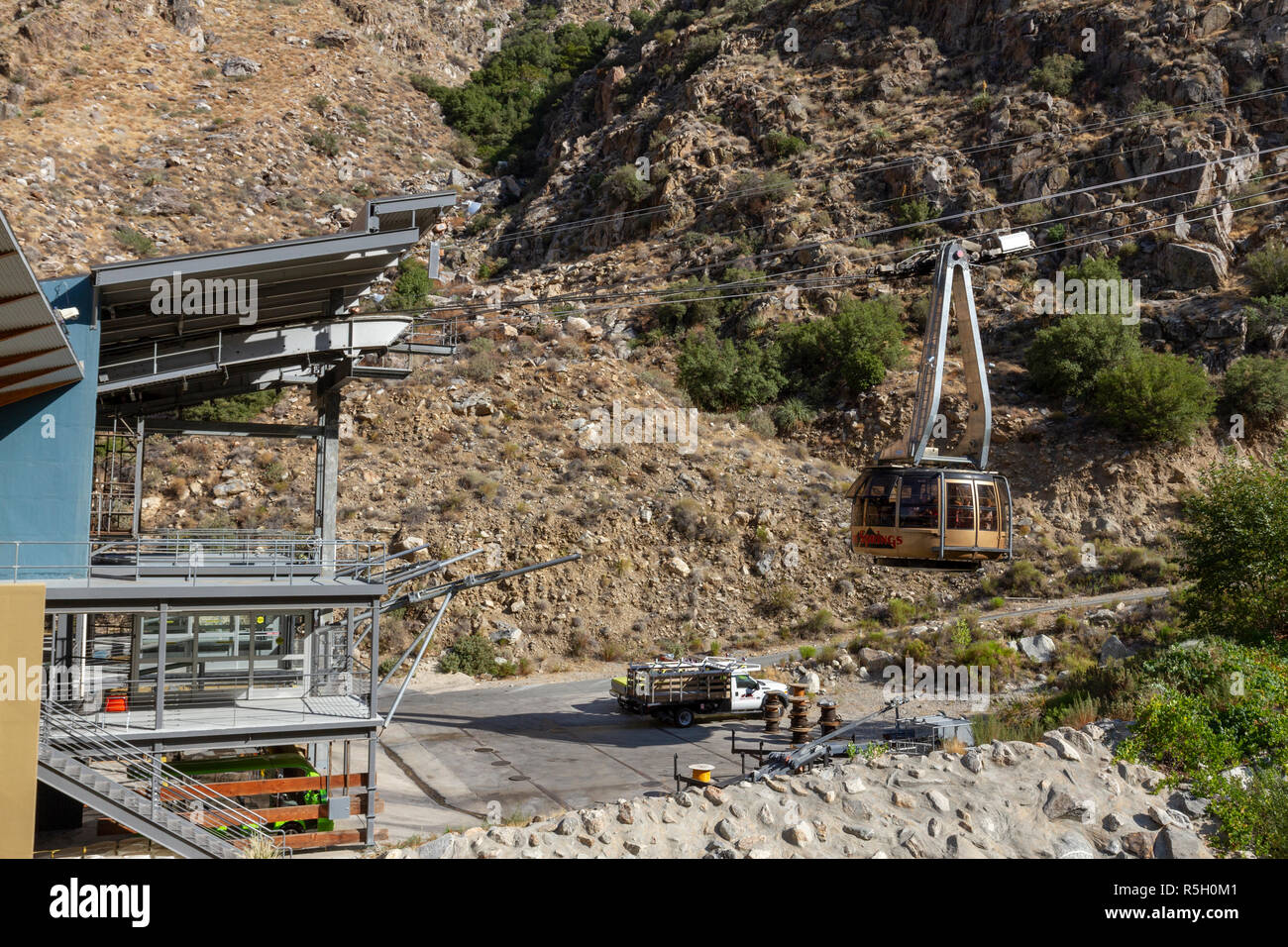 Palm Springs Aerial Tramway tramcar arriving at the lower station, Palm Springs, California, United States. Stock Photo