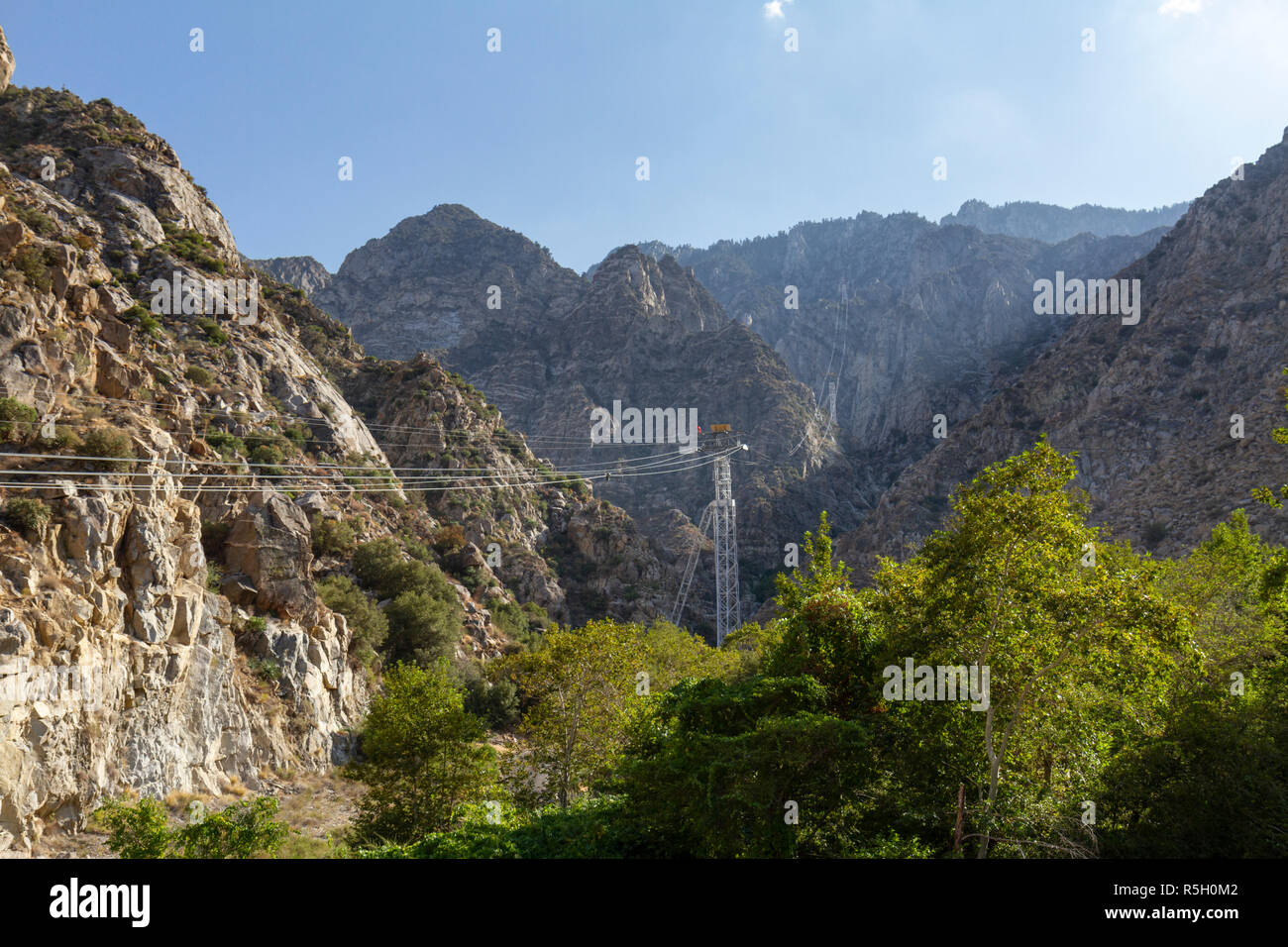 View up Chino Canyon, Mt. San Jacinto State Park and the Palm Springs Aerial Tramway, Palm Springs, California, United States. Stock Photo