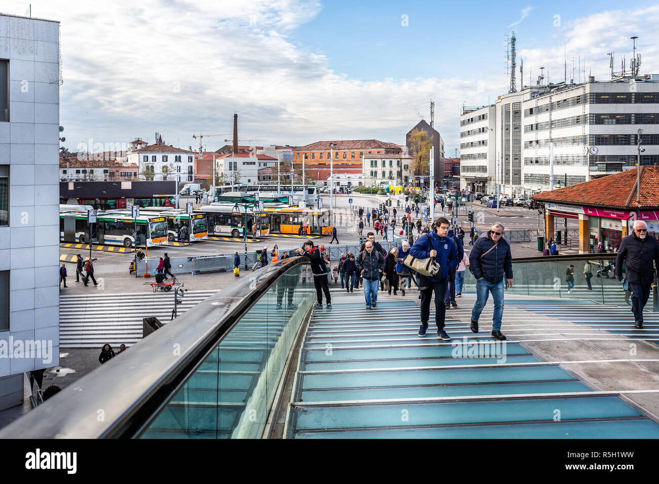 View of the bus station at Piazzale Roma  from the glass bridge across the Grand Canal in Venice, Italy on 27 November 2018 Stock Photo