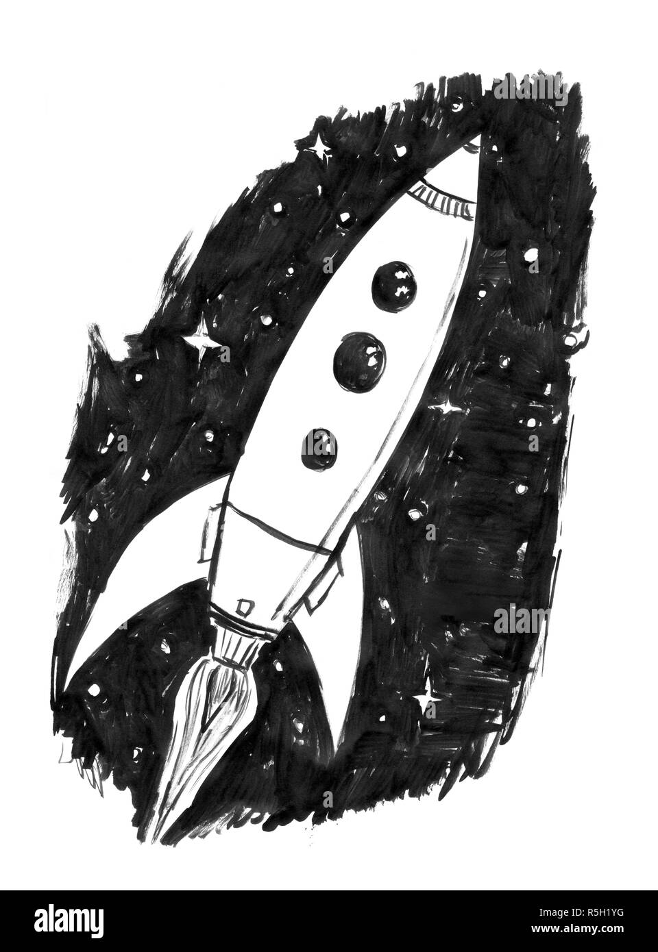 Black Ink Grunge Hand Drawing of Retro Spaceship or Space Rocket Stock Photo