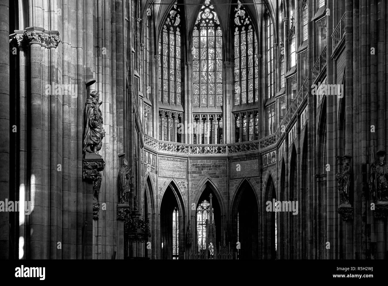 Interior of St. Vitus Cathedral in Prague, Czech Republic. Black and white. Stock Photo