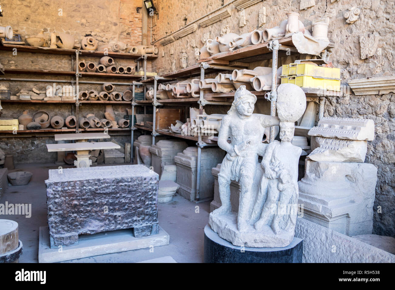 Ancient artefacts, pottery amphora, roman concept, pompeii antique jugs urns, Pompeii Scavi Italy History concept, excavation, excavations, historical Stock Photo