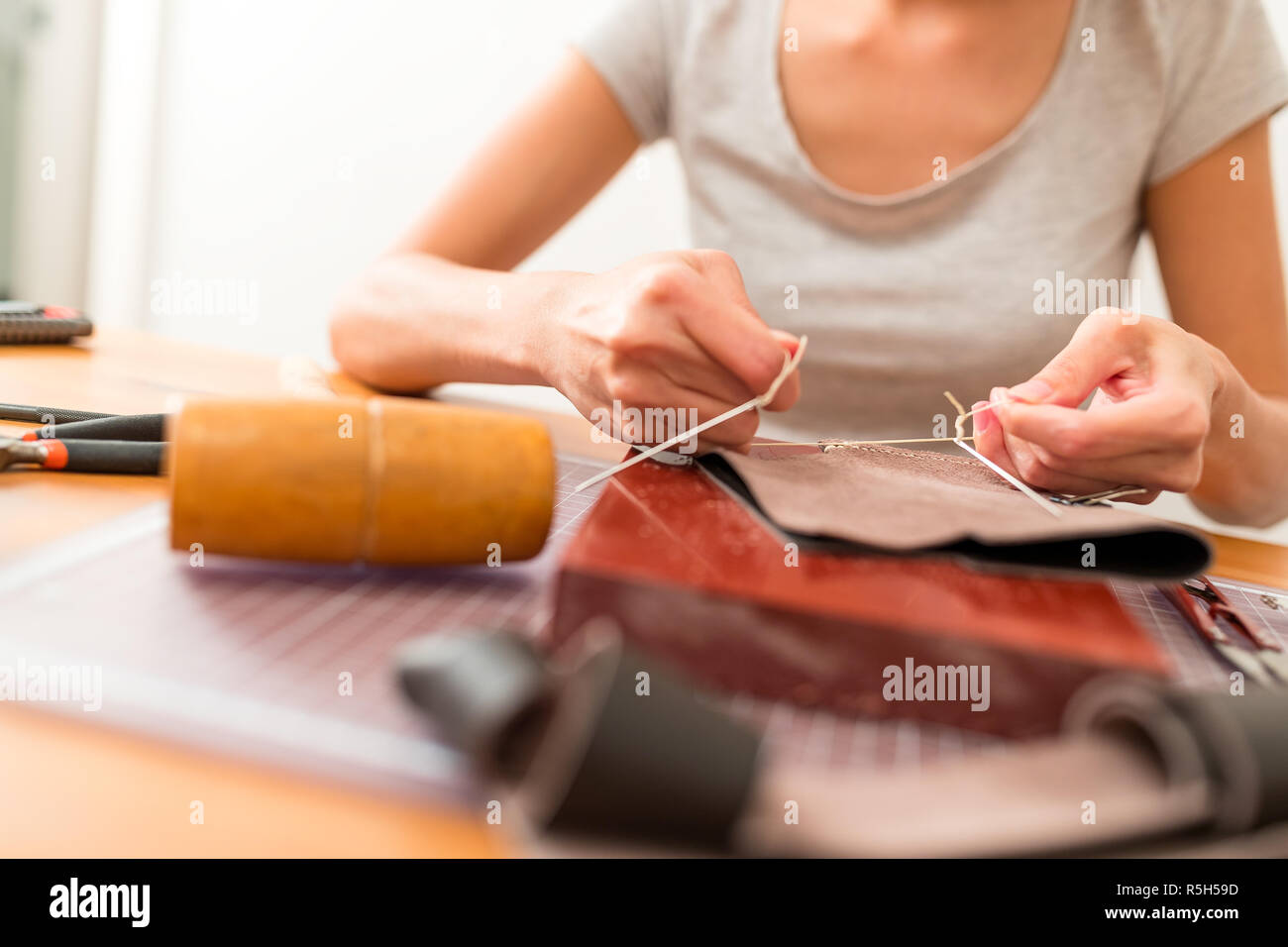 Making leather bag at home Stock Photo Alamy