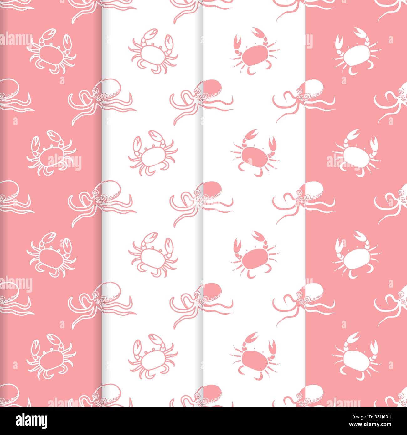 Set of 4 vector seamless pattern with octopuses and crabs. Sea ...