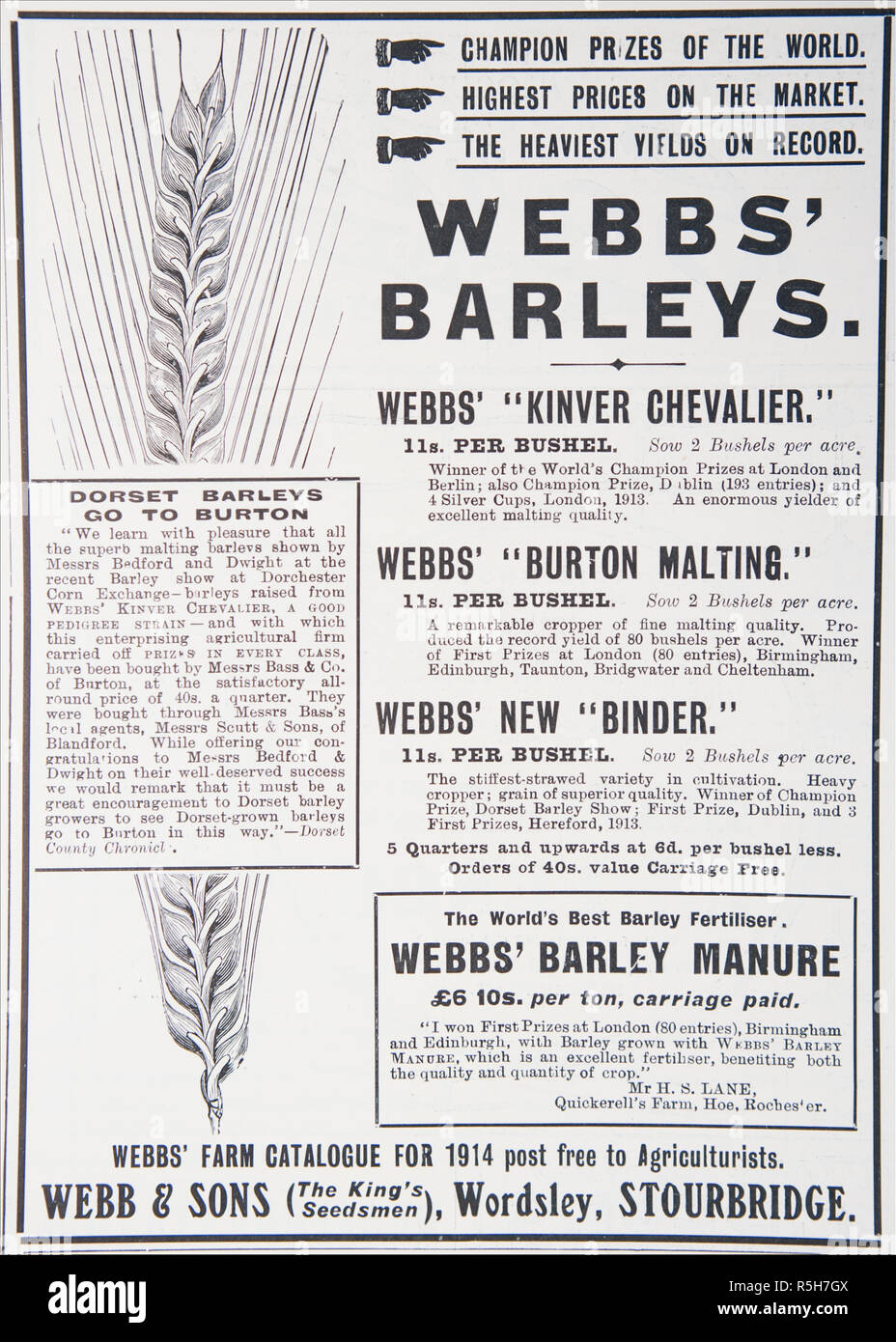 An advert for Webbs’ Farm Catalogue. From an old British magazine from the 1914-1918 period. Stock Photo