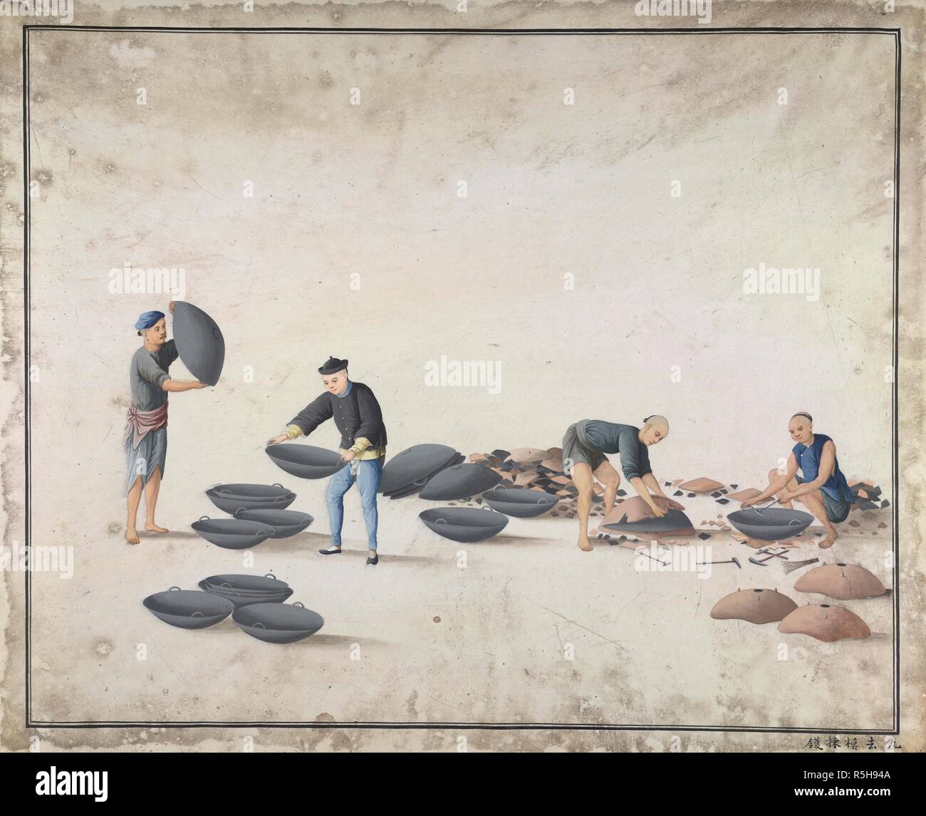 Manufacture of cast iron in China. c.1820. Take away the mould and take out the good round-bottomed cooking pan'. Opaque watercolour. China/Canton style.  Originally published/produced in c.1820. . Source: Add.Or.2341,. Language: Chinese. Stock Photo