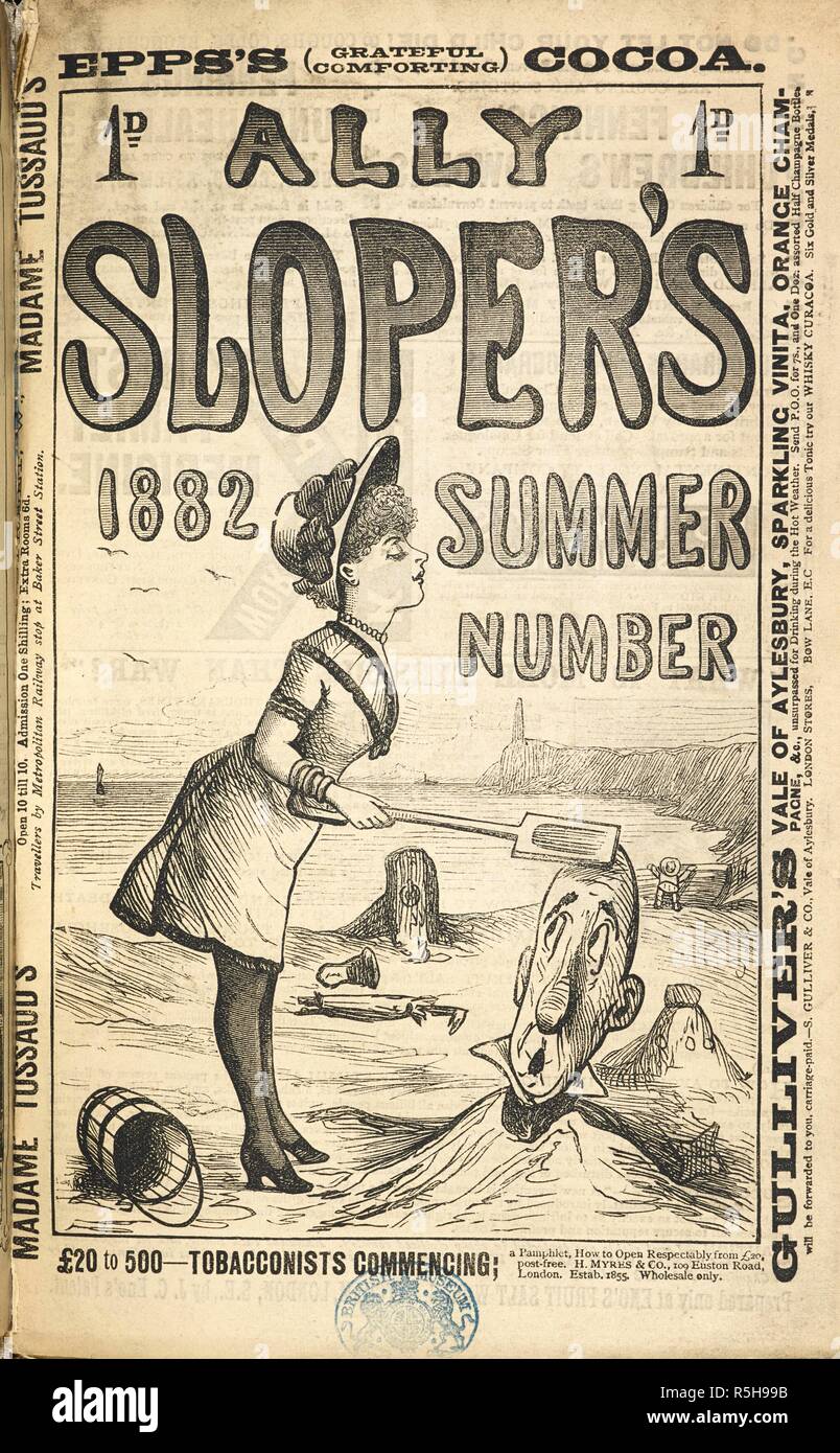 Ally Sloper buried up to his beck in sand by a young woman, on a beach. Ally Sloper's Summer Number. London, 1880-84. Source: 12315.i.47, summer 1882. Author: Duval, Marie. Stock Photo