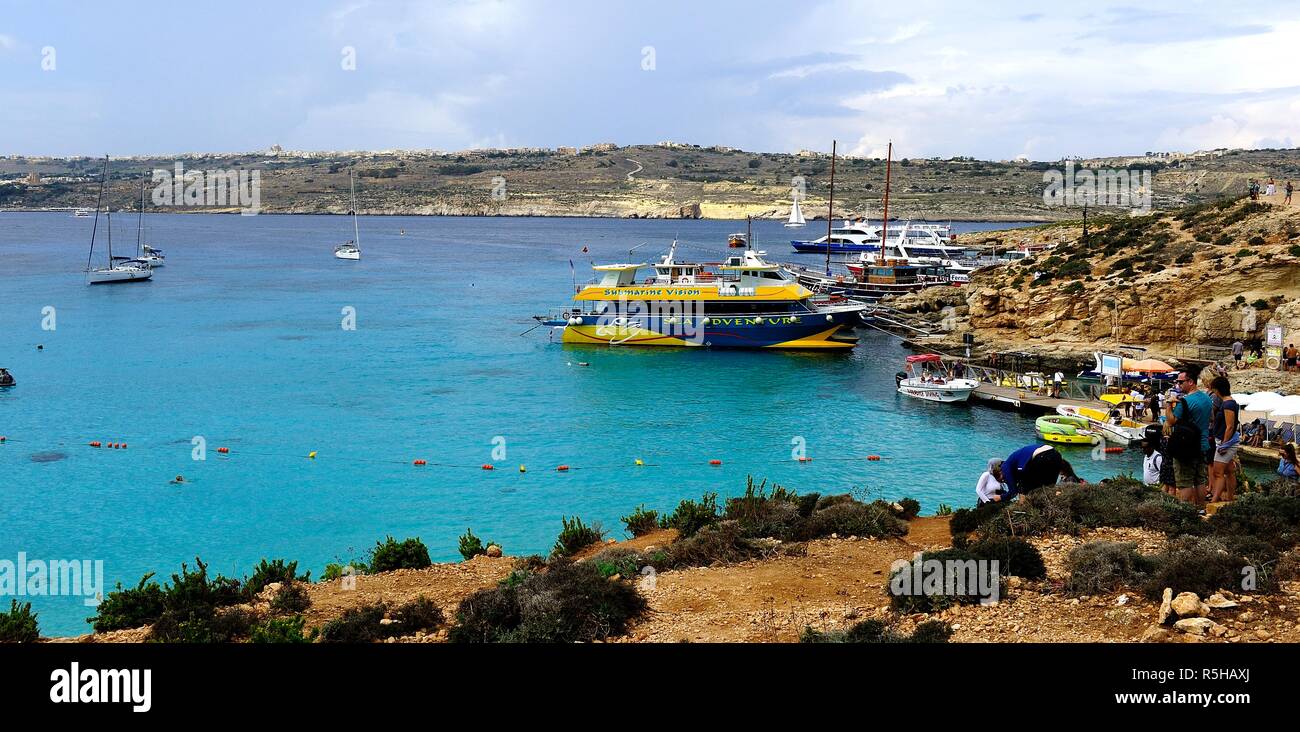 Comino, Malta - 12th October 2018:Yachts at anchor in the blue lagoon Stock Photo