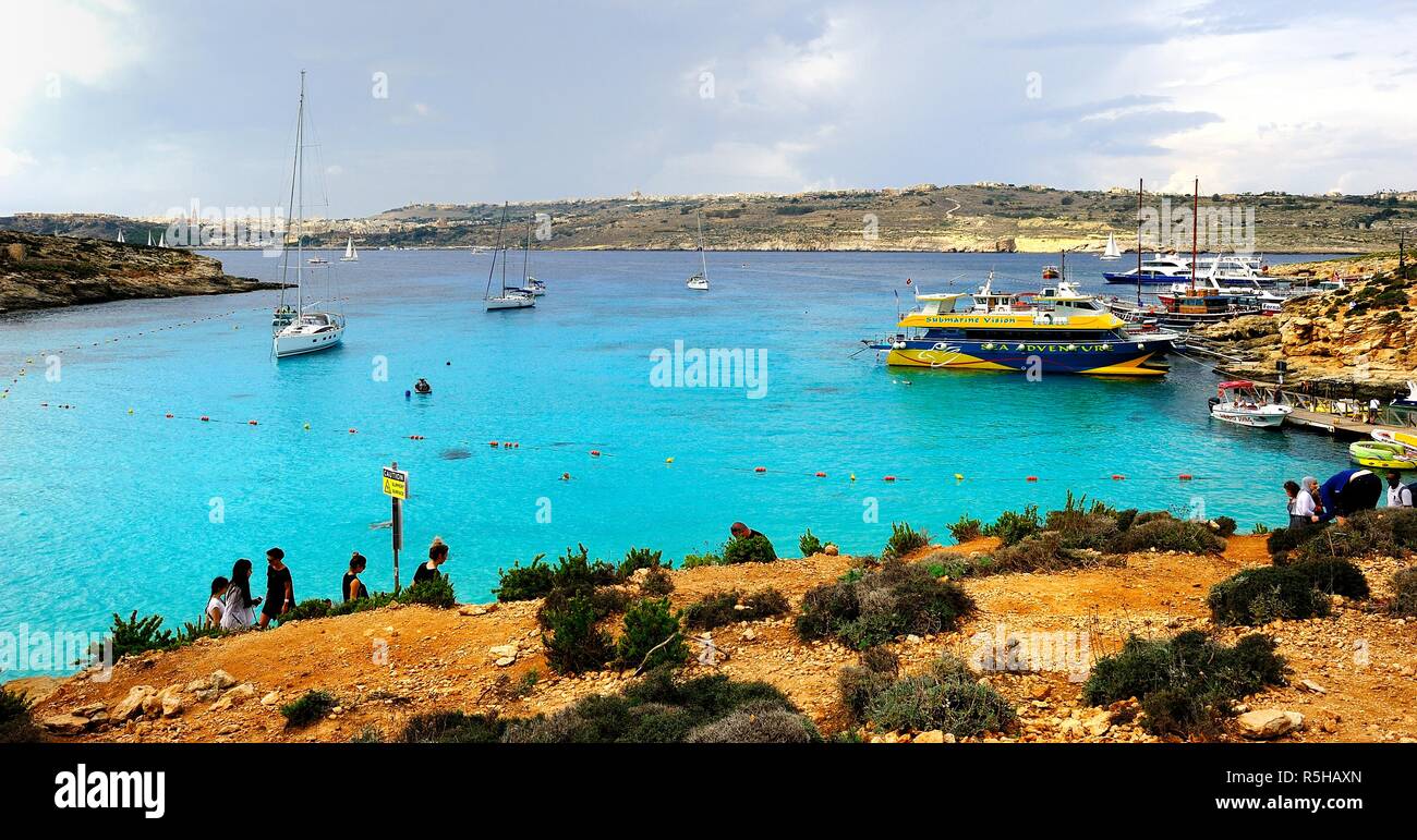 Comino, Malta - 12th October 2018:Yachts at anchor in the blue lagoon Stock Photo