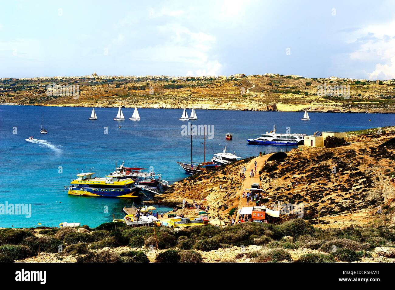 Comino, Malta - 12th October 2018:Yachts at anchor in the blue lagoon Stock Photo