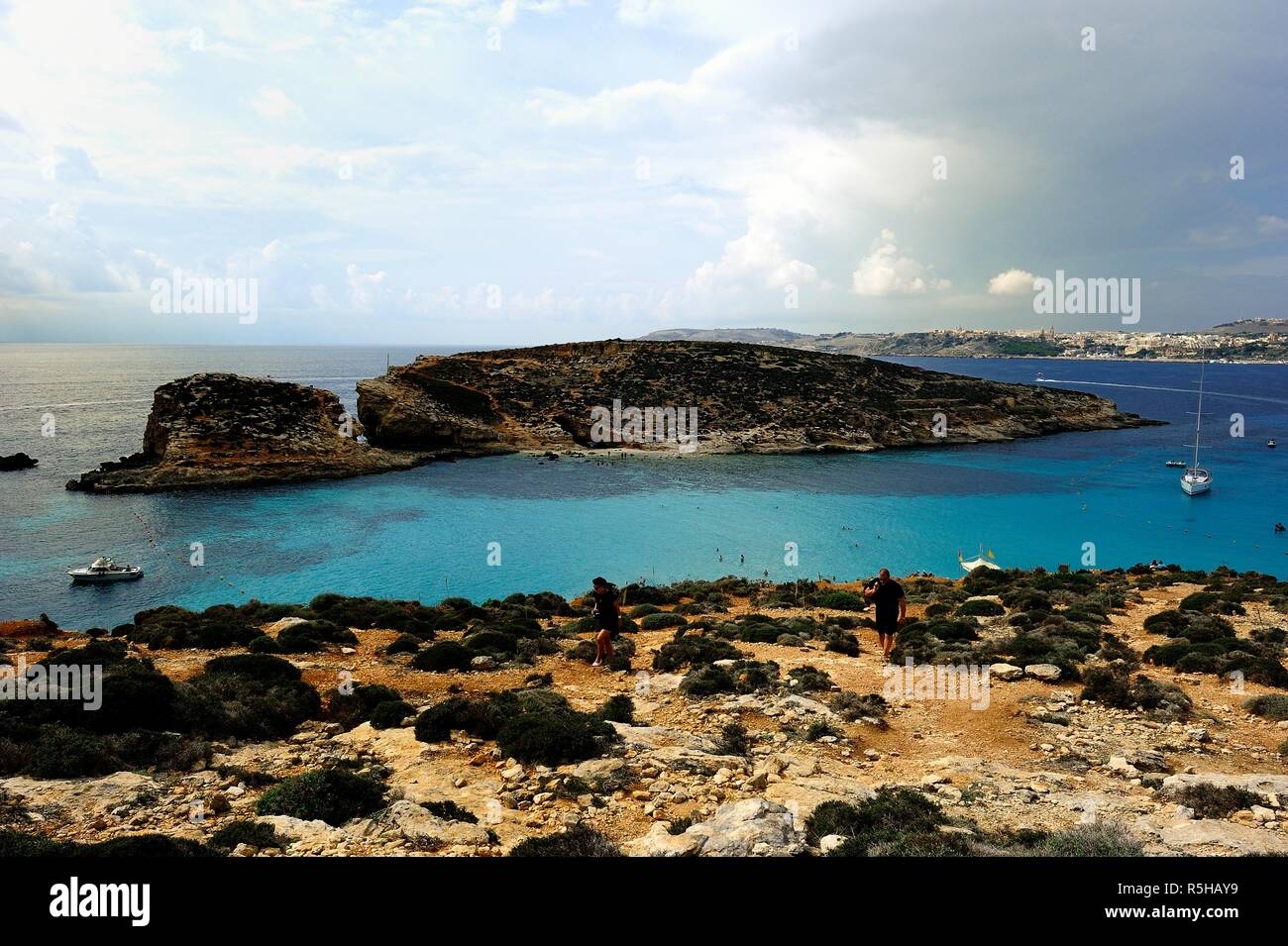 Comino, Malta - 12th October 2018:Yachts at anchor in the blue lagoon Stock Photo