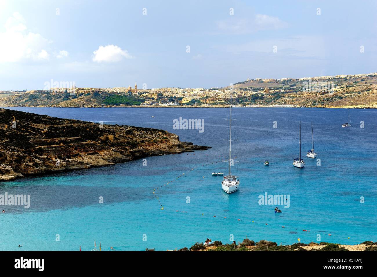 Comino, Malta - 12th October 2018:Yachts at anchor in the blue lagoon Stock Photo