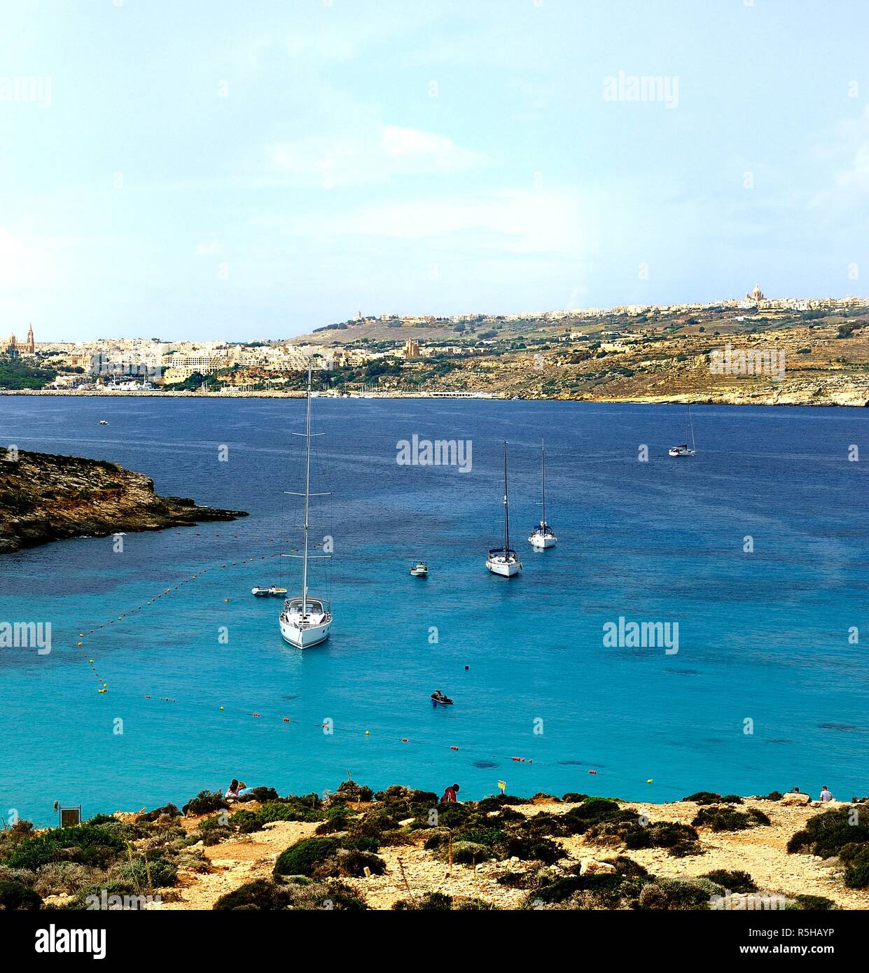 Comino, Malta - 12th October 2018:Yachts at anchor in the blue lagoon Stock Photo