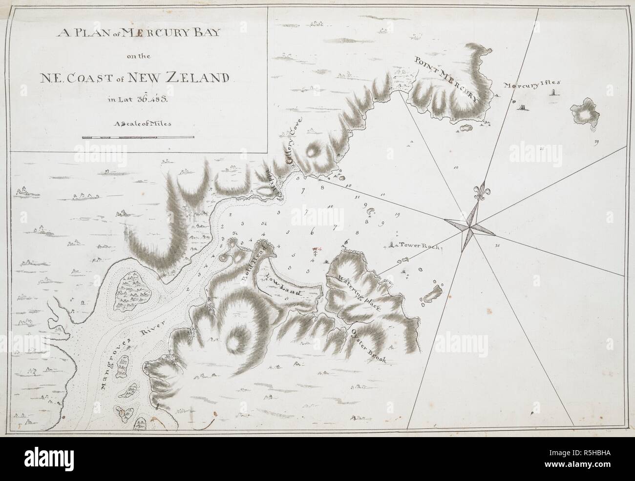 A plan of Mercury Bay, on the N.E. coast of New Zealand; drawn by Lieut. James Cook, on a scale of one inch to a mile. Charts, Plans, Views, and Drawings taken on board the Endeavour during Captain Cook's First Voyage, 1768-1771. 1769. Ms. 1 f. 4 1/2 in. x 11 1/2 in.; 42 x 29 cm.; Scale 1: 63 360. 1 inch to a mile. Source: Add. 7085, No.24. Stock Photo