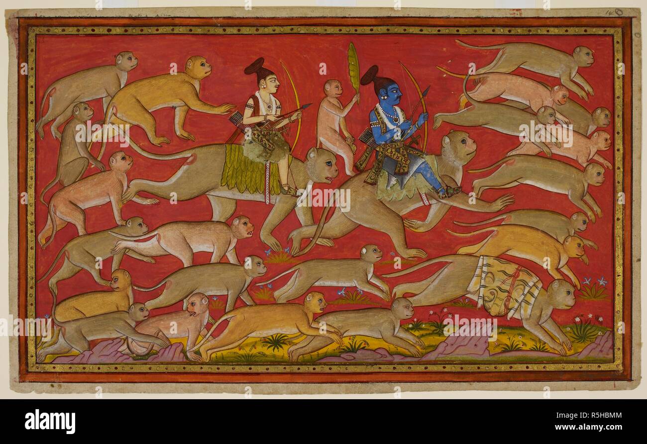 Rama determines the order of march for his vast army of monkeys and bears and sets out towards the south and the ocean. He is riding on Hanuman and his brother Laksmana is riding on Angada. Ramayana. Udaipur, c.1653. Source: I.O. SAN 3621, f.14. Language: Sanskrit. Stock Photo