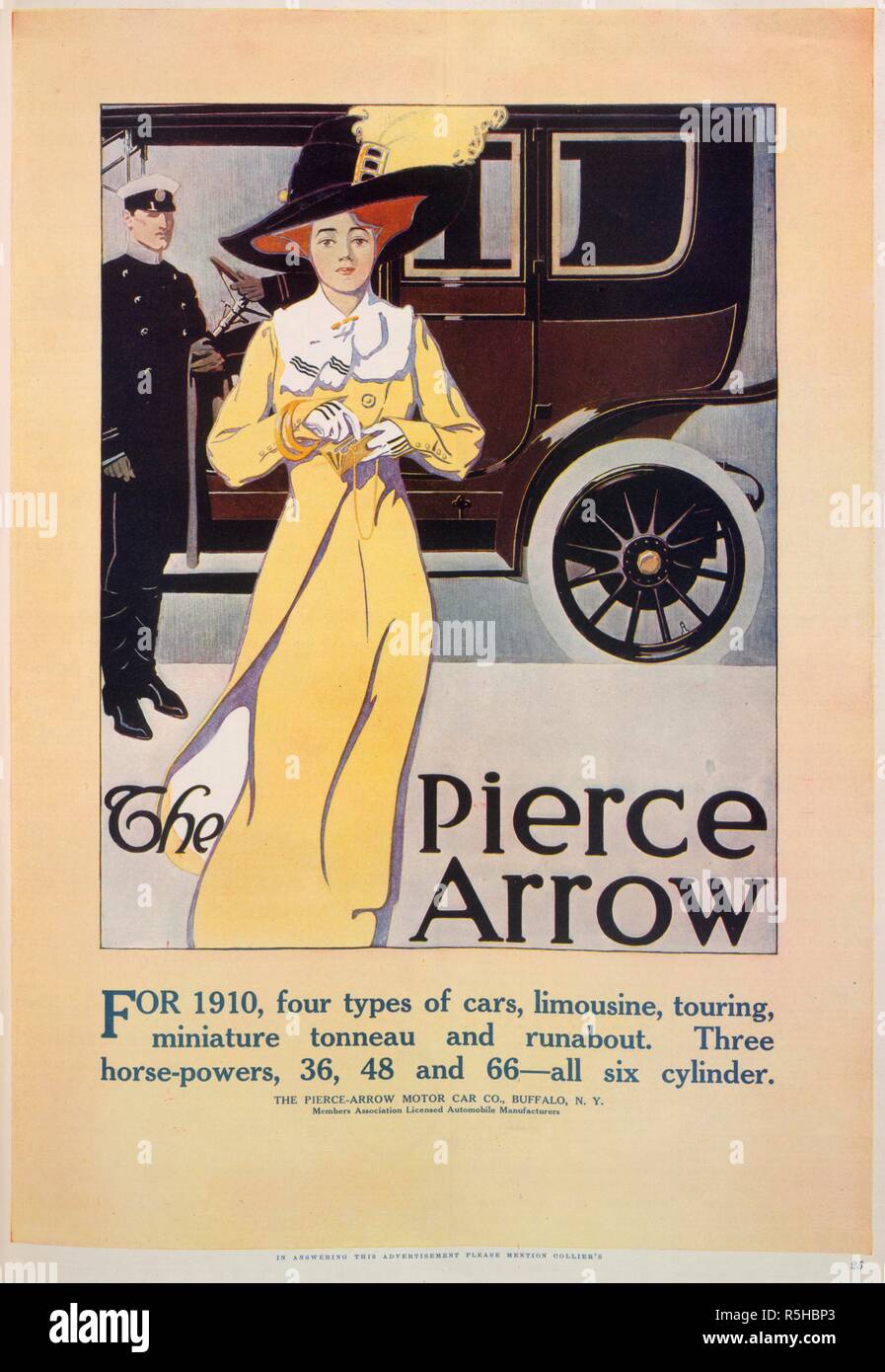 'The Pierce Arrow'. An advertisment for types of cars produced by the Pierce Arrow Motor Car Company. . Colliers. U.S.A. 14 August 1909. Source: Colliers page 25. Stock Photo