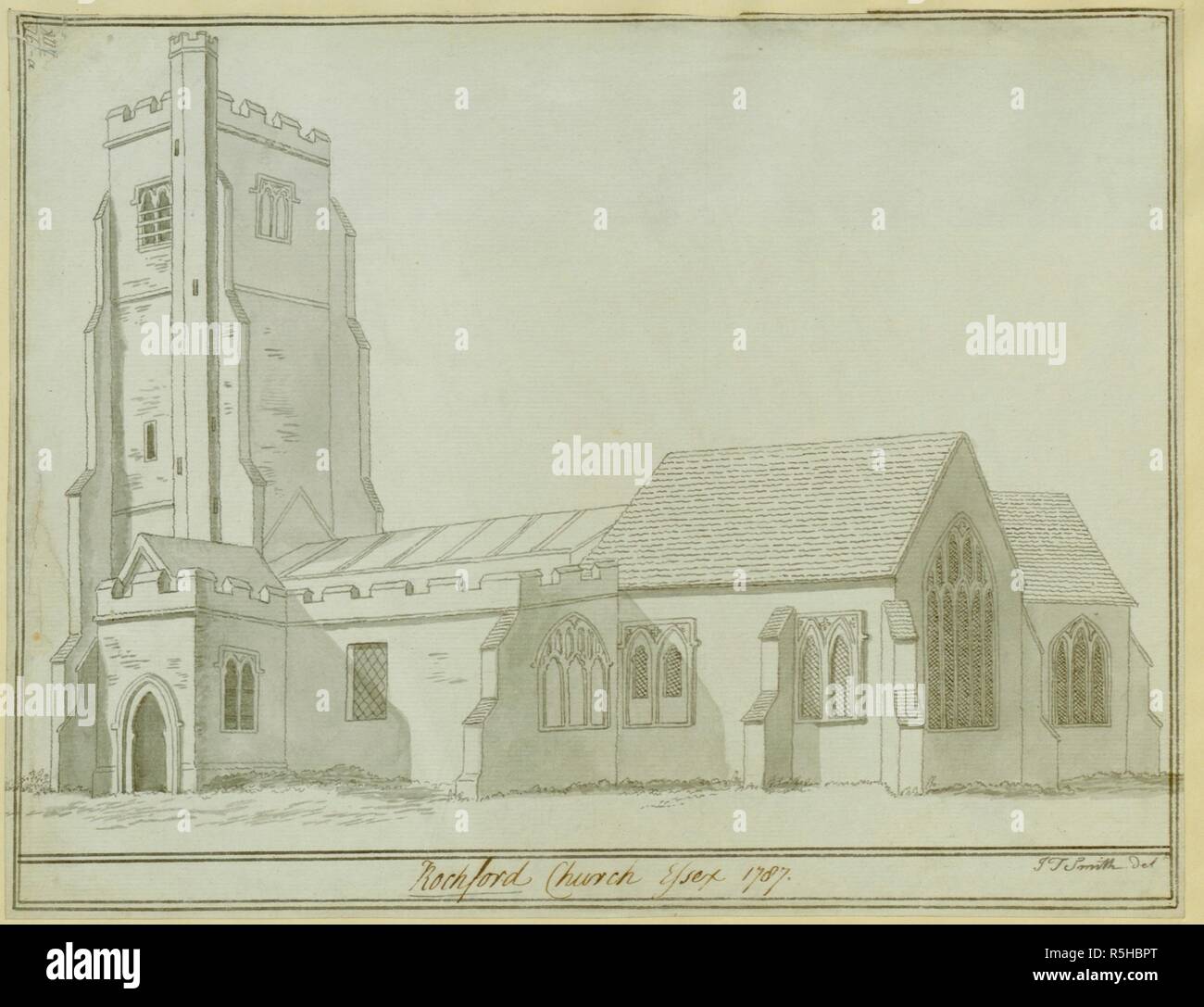 A monochrome drawing of the south and east sides of St. Andrew's Church ...