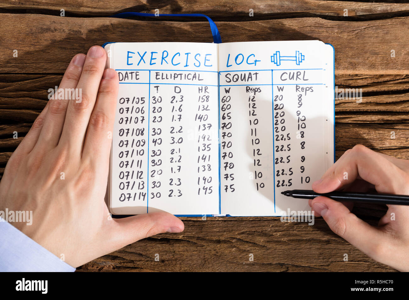 Person Filling Exercise Log On Notebook Stock Photo