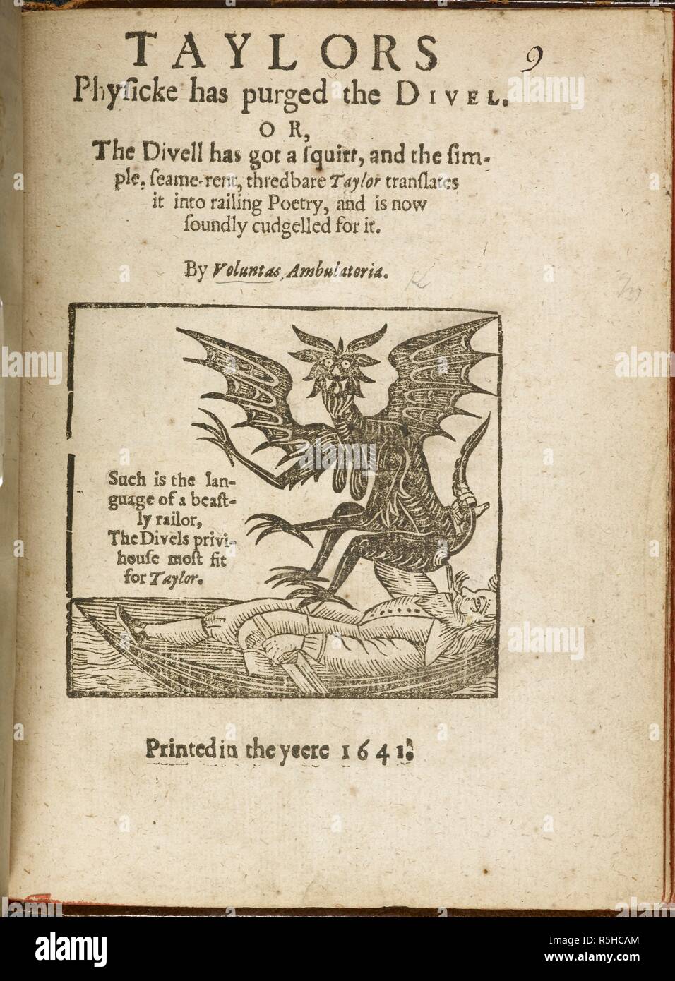 Title page of 'Taylors Physicke has purged the Divel...' showing a depiction of the Devil. Taylors Physicke has purged the Divel ... [A satire on John Taylor the Water Poet.] By Voluntas Ambulatoria. London, 1641. Source: E.163.(9), title page. Language: English. Stock Photo