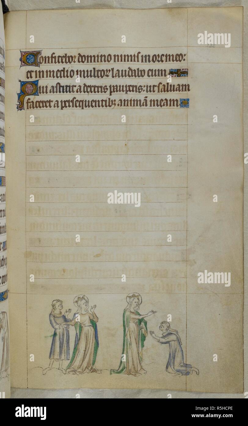 Bas-de-page scene of a monk of Cambrai being visited by the Virgin Mary. She warns him not to dismiss the passion of his brothers after having objected to the Hours of the Virgin being sung daily. Psalter ('The Queen Mary Psalter'). England (London/Westminster or East Anglia?); between 1310 and 1320. Source: Royal 2 B. VII, f.232. Language: Latin, with French image captions. Stock Photo