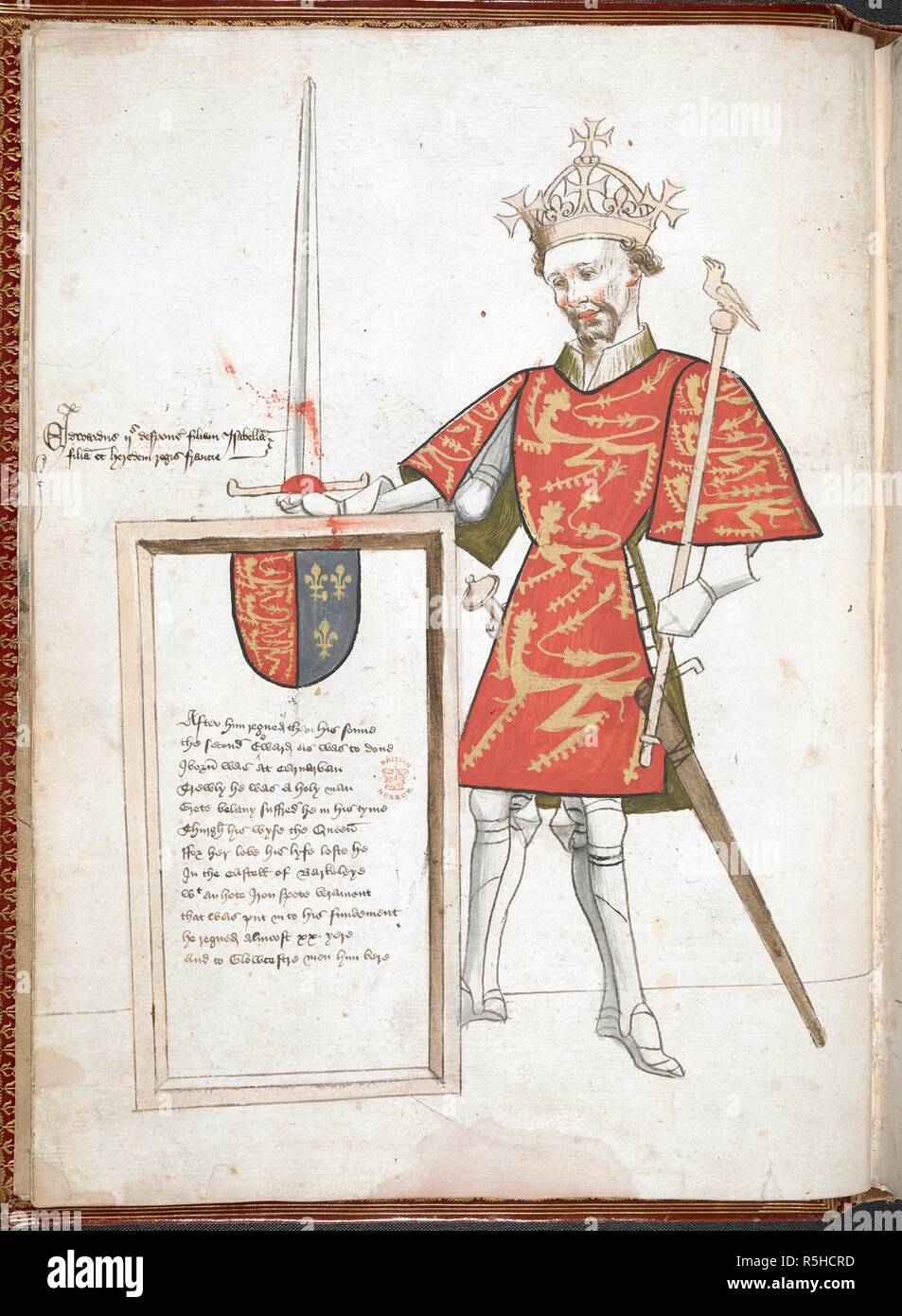 Coloured drawing of an English king in armour and tabard (Edward II), presenting a plaque with verses. Sir Thomas Holme's Book of Arms: anonymous verses on the kings of England ... (Part 1 folios 1 to 8). England, S. E. (probably London); c. 1445-c. 1450. Numerous coloured drawings of English kings in armour and tabard, presenting a plaque with verses. Source: Harley 4205 f.5v. Language: English. Gothic cursive. Stock Photo