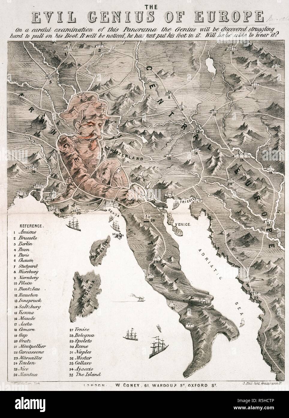 A comic map of Europe. A figure attempting to pull on Italy like a boot. The evil genius of Europe [A Comic Map]. London : W. Coney, [1859]. Source: Maps 1078.(24.). Language: English. Stock Photo
