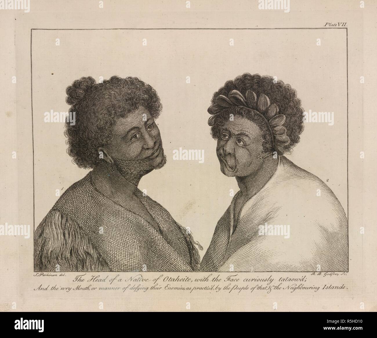 Natives of Otaheite. A Journal of a Voyage to the South Seas, in His Ma. Stanfield Parkinson: London, 1773. The head of a native of Otaheite (Tahiti), with the face curiously tattooed; and the wry mouth, or manner of defying their enemies, as practised by the people of that and the neighbouring islands.  Image taken from A Journal of a Voyage to the South Seas, in His Majesty's ship, the Endeavour (under the command of Captain James Cook).  Originally published/produced in Stanfield Parkinson: London, 1773. . Source: L.R.294.c.7, plate VII. Language: English. Author: Parkinson, S. Godfrey, R.  Stock Photo