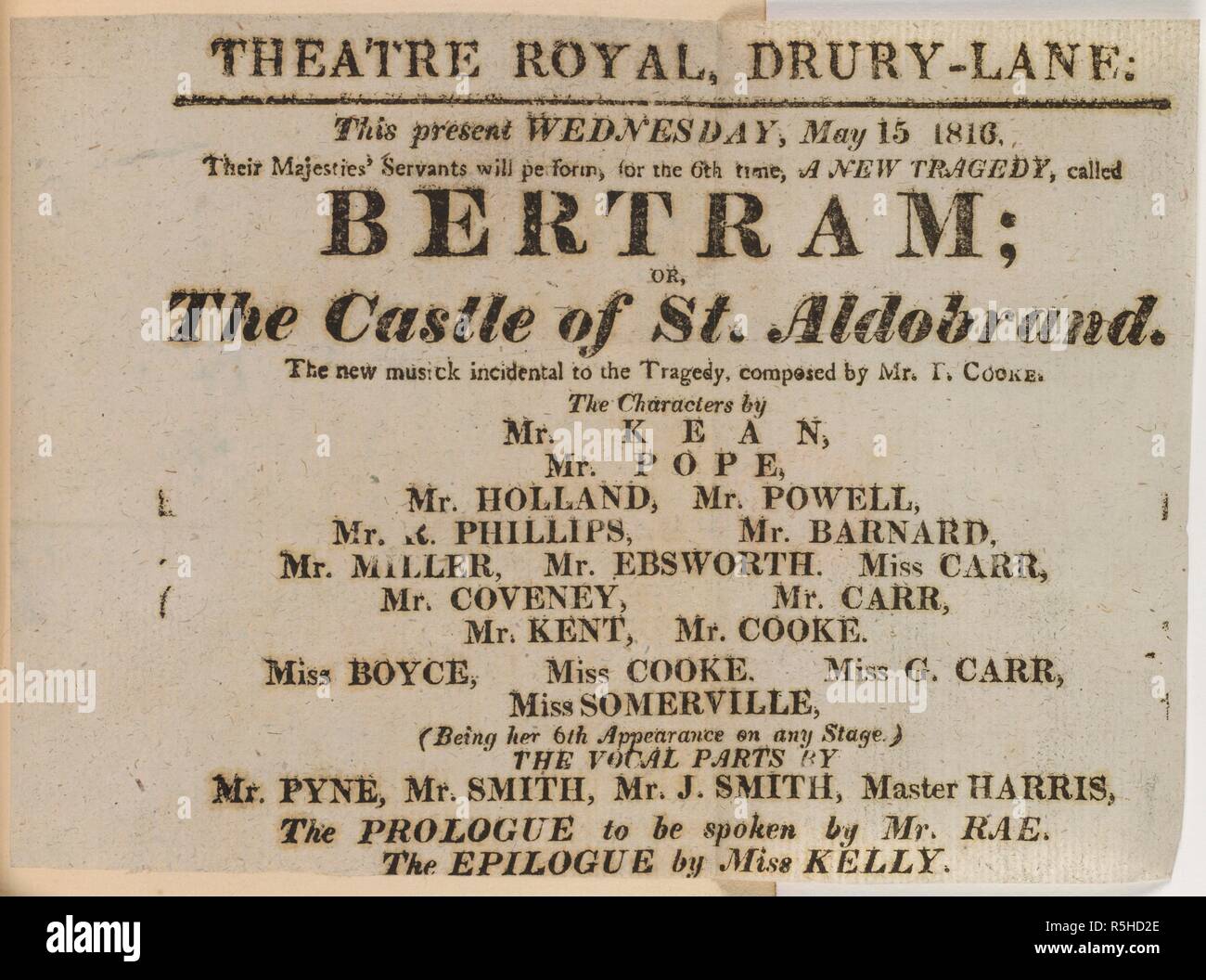 Advertisement for a play at the Theatre Royal, Drury Lane. Bertram or, the Castle of St. Aldobrand. The list of actors includes Edmund Kean. The life of E. K. [By B. W. Procter.]. London, 1835. Source: 10825.bb.1, between pages158-9. Language: English. Stock Photo