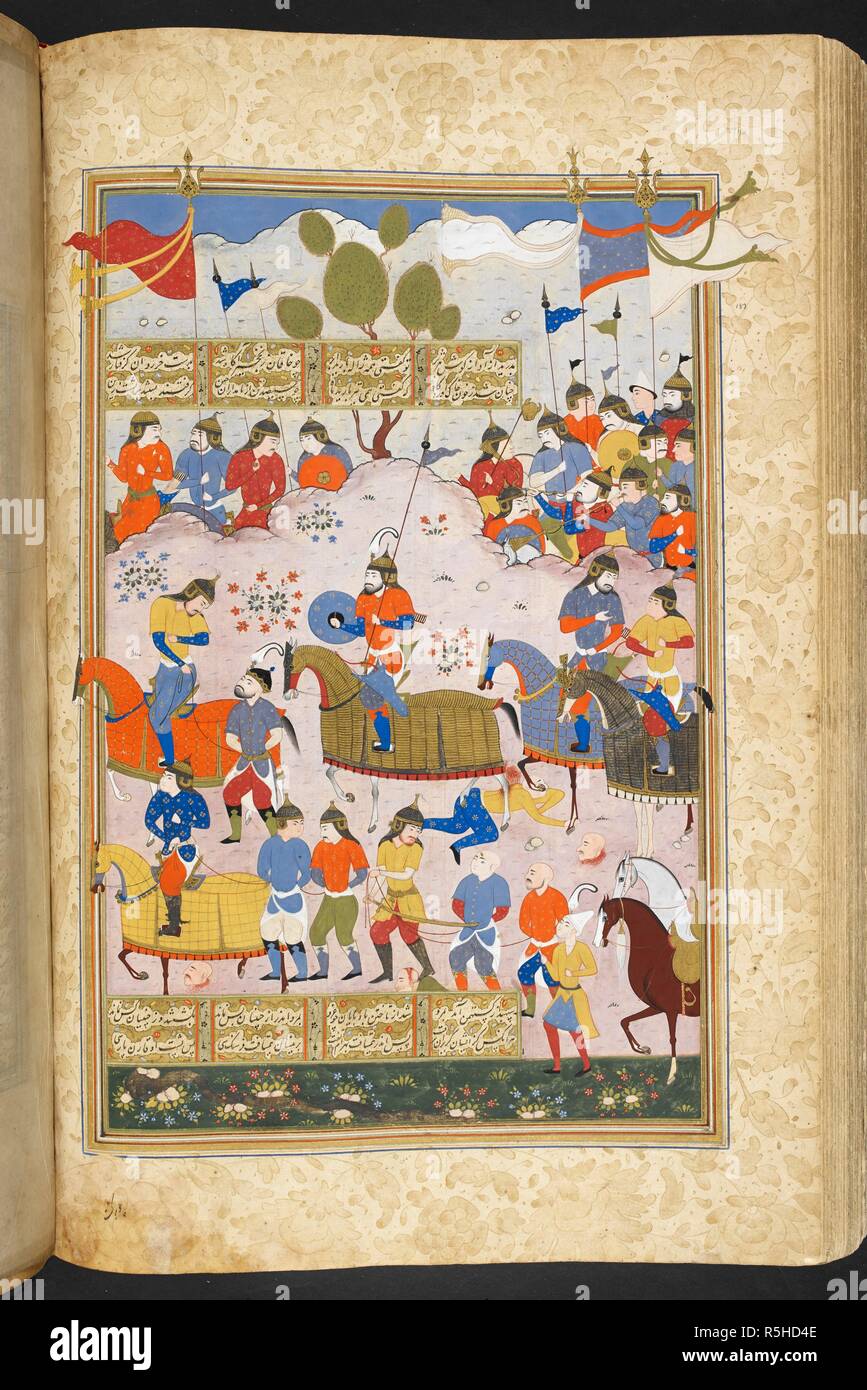 Bahram leading the Khaqan captive. Shahnama of Firdawsi, with 56 miniatures. 1580 - 1600. Source: I.O. ISLAMIC 3540, f.416v. Language: Persian. Stock Photo