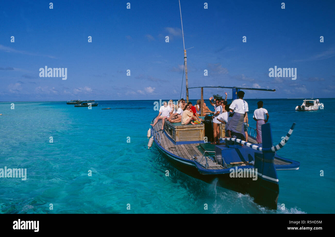 Digofinolu-Veligandahura:  tourist-boattrip for diving, snorkeling, swimming and relaxing in the Maledives Islands Stock Photo