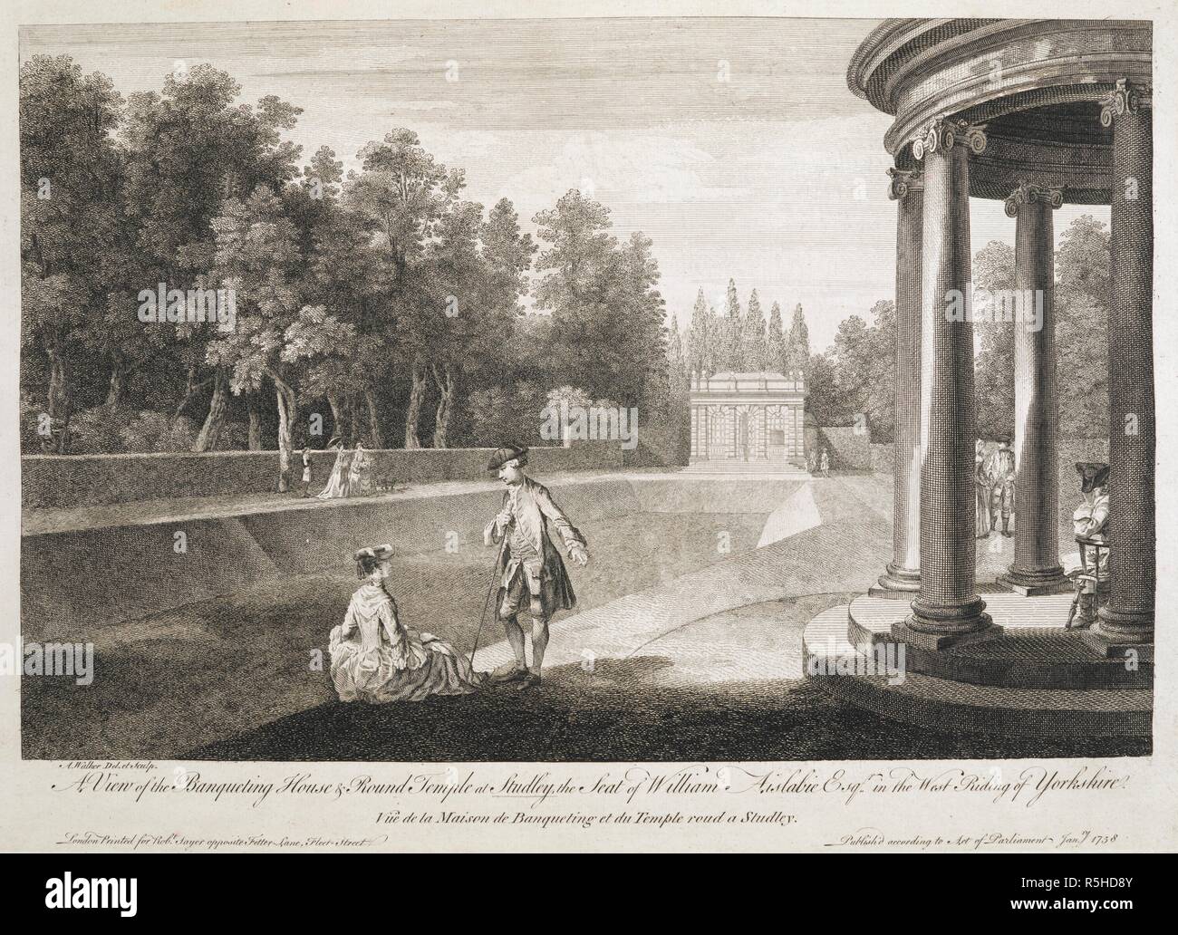 A gentleman standing leaning on a walking stick talking to a lady seated on a lawn in the centre. A round temple on the right with a man seated inside and two figures approaching on a path, two women stand beyond on the left with a servant and a dog. A View of the Banqueting House & Round Temple at Studley the Seat of William Aislabie Esqr. in the West Riding of Yorkshire. London Printed for Robt. Sayer opposite Fetter Lane, Fleet Street, Jan. 1758. Etching and engraving. Source: Maps K.Top.45.27.3. Language: English. Stock Photo