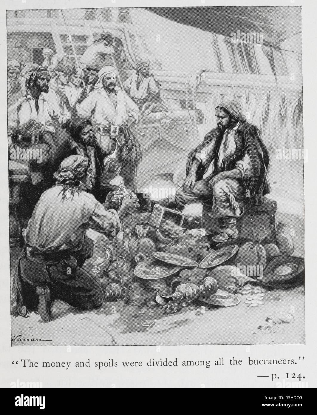 'The money and spoils were divided among all the buccaneers'. Pirates sort through their plunder. Buccaneers and Pirates of our Coasts ... New York : Macmillan & Co., 1898. Source: 9770.aa.8, opposite page 124. Author: Stockton, Frank Richard. Varian, G. Stock Photo