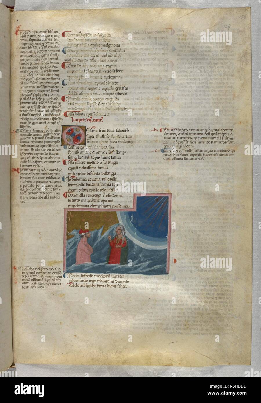 Paradiso : Beatrice explains Christian redemption to Dante. Dante Alighieri, Divina Commedia ( The Divine Comedy ), with a commentary in Latin. 1st half of the 14th century. Source: Egerton 943, f.139. Language: Italian, Latin. Stock Photo