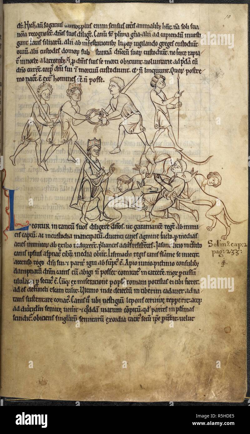 The King of the Garamantes is rescued by his dogs. BESTIARUM, figuris plurimis nitide delineatis illustratum. 12th century. Source: Add. 11283, f.10. Stock Photo