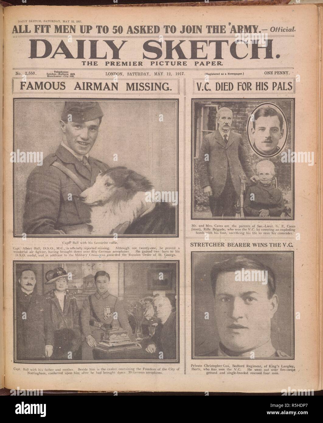 Four photographs : Captain Albert Ball, D.S.O, M.C., officially reported missing. Second Lieutenant G.E. Bates, V.C., killed saving his comrades. Another picture of Captain Ball, with his parents. A stretcher bearer, Private Christopher Cox, won a V.C rescuing four men. Daily Sketch. London, 1917. Source: Daily Sketch, Saturday, May 12, 1917 front page. Stock Photo